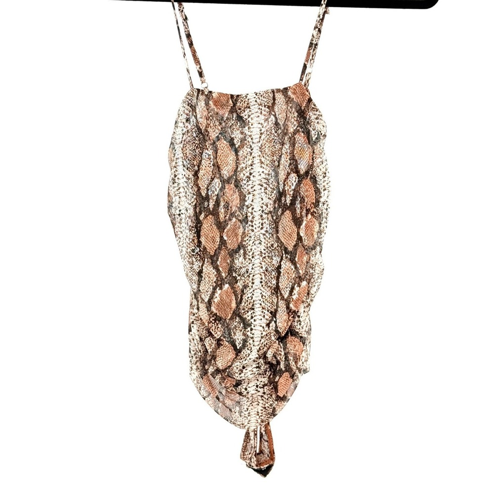 Indie Sleaze Sheer Snakeskin Print‎ Mesh Cowl Neck Bodysuit Brown Tan Small Y2K